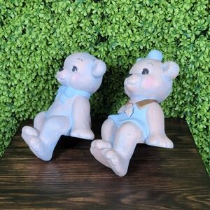 Vintage TRU Ceramic Shelf Sitter Teddy Bears Set of 2 Blue White Decor